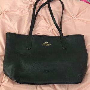 Coach Black Leather Tote with Gold Accents
